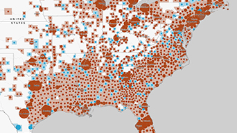 Map of the US with red and blue dots of varying sizes