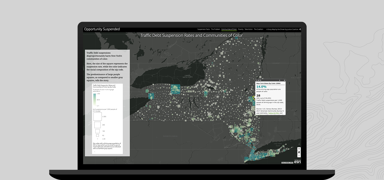 A computer with a map titled Traffic Debt Suspension Rates and Communities of Color 