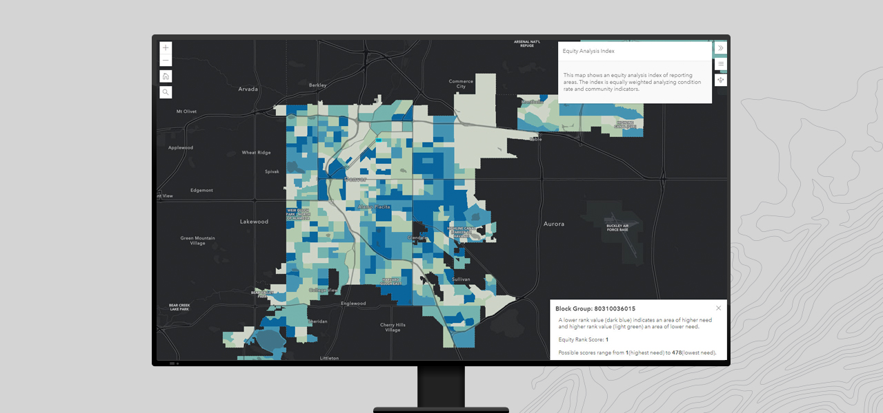 A blue and green map of Colorado focusing on the Denver area that displays social equity analysis results