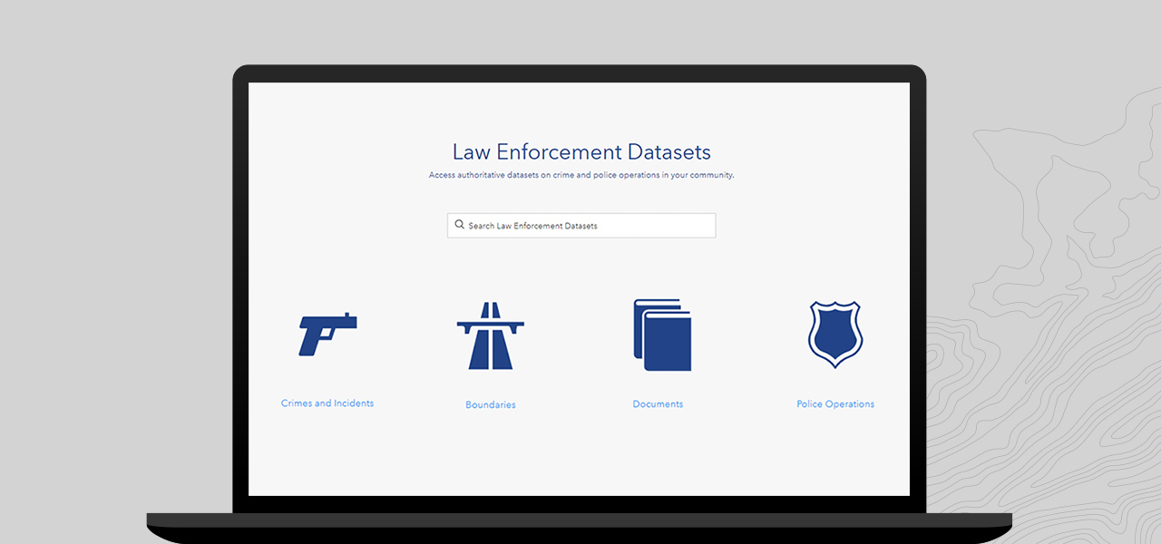A laptop displaying a search portal for law enforcement datasets with options to explore crime and incidents, boundaries, documents, and police operations
