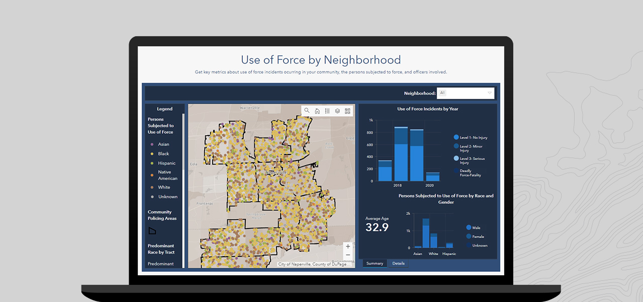 A laptop displaying a dashboard with information on use of force by neighborhood that includes a map, legend, and two bar graphs Image: Community engagement