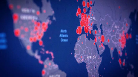 Carte du monde avec des cercles rouges montrant les épidémies de COVID-19