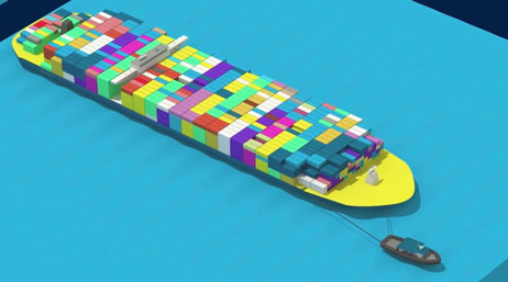 Digital model of a cargo ship and its cargo containers