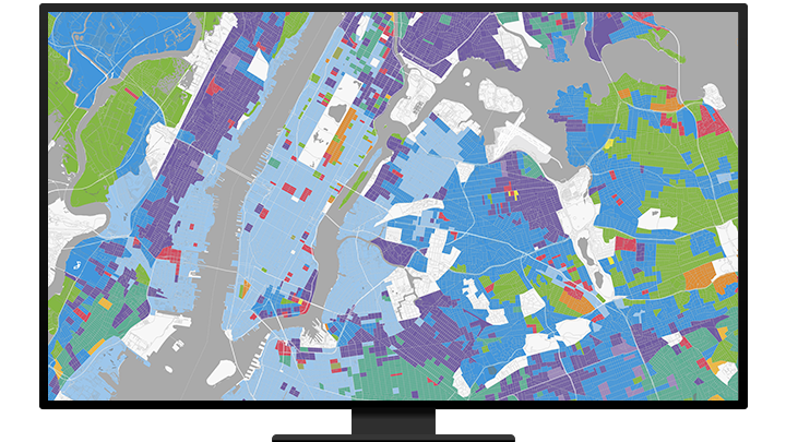 Map of New York City and surrounding areas with color blocks representing different market segmentation groups