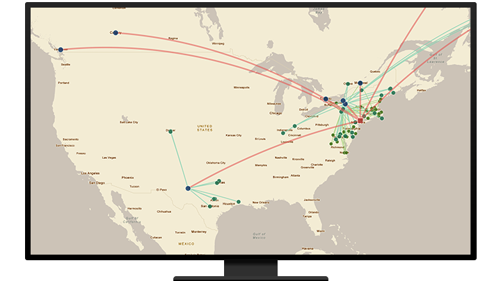 A map of the United States with lines showing the connections between plant suppliers