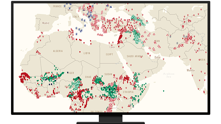 A map from a nonprofit organization showing the locations of refugee camps in Africa, Europe, and the Middle East