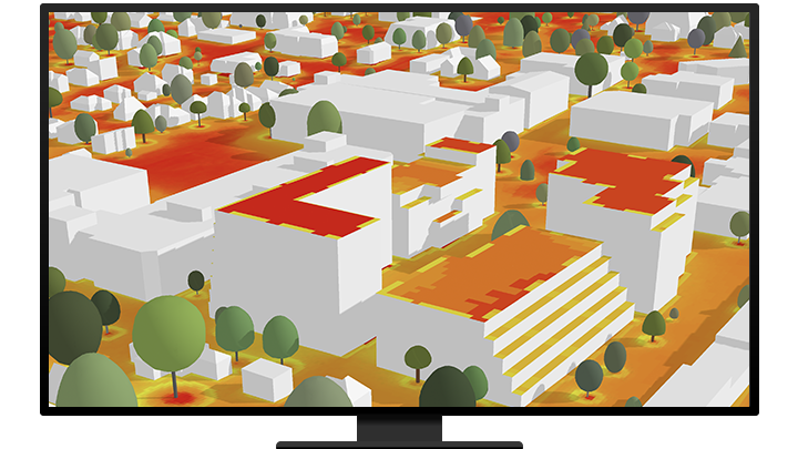 3D map showing buildings shaded with colors representing solar radiation