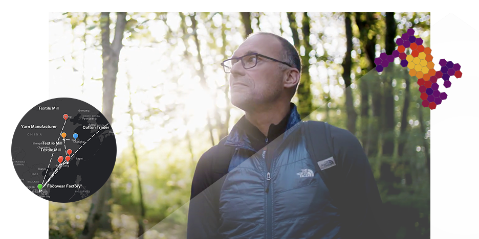 Man walking in a forest wearing outdoor gear, alongside maps showing a textile supply chain and colorful hexagons