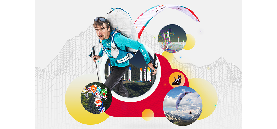 A graphic that includes a light grey geometric design of a mountain overlaid with red and yellow circles, images of various satellite maps, and an outdoor athlete in motion