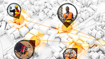A 3D map of white buildings with images of people in orange vests