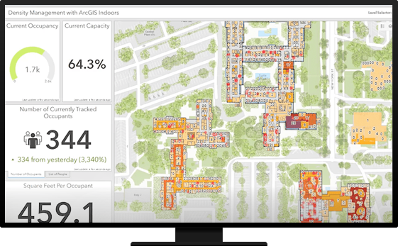 Density Management with ArcGIS Indoors dashboard with a map and metrics