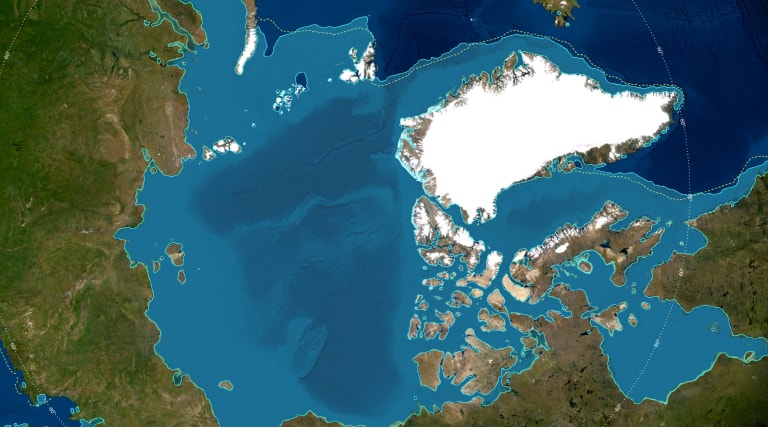 An aerial view of ice melting and causing sea level rise onto previously dry land