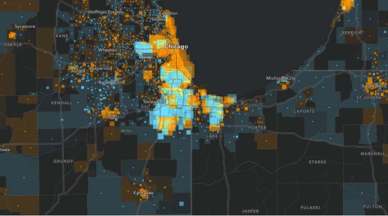 A racial equity map of Chicago, Illinois with concentrated bright color squares in the city and lighter color squares in the surrounding cities