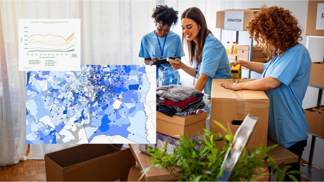 Three people in blue medical uniforms unpacking boxes in an office, and maps overlaid on the screen