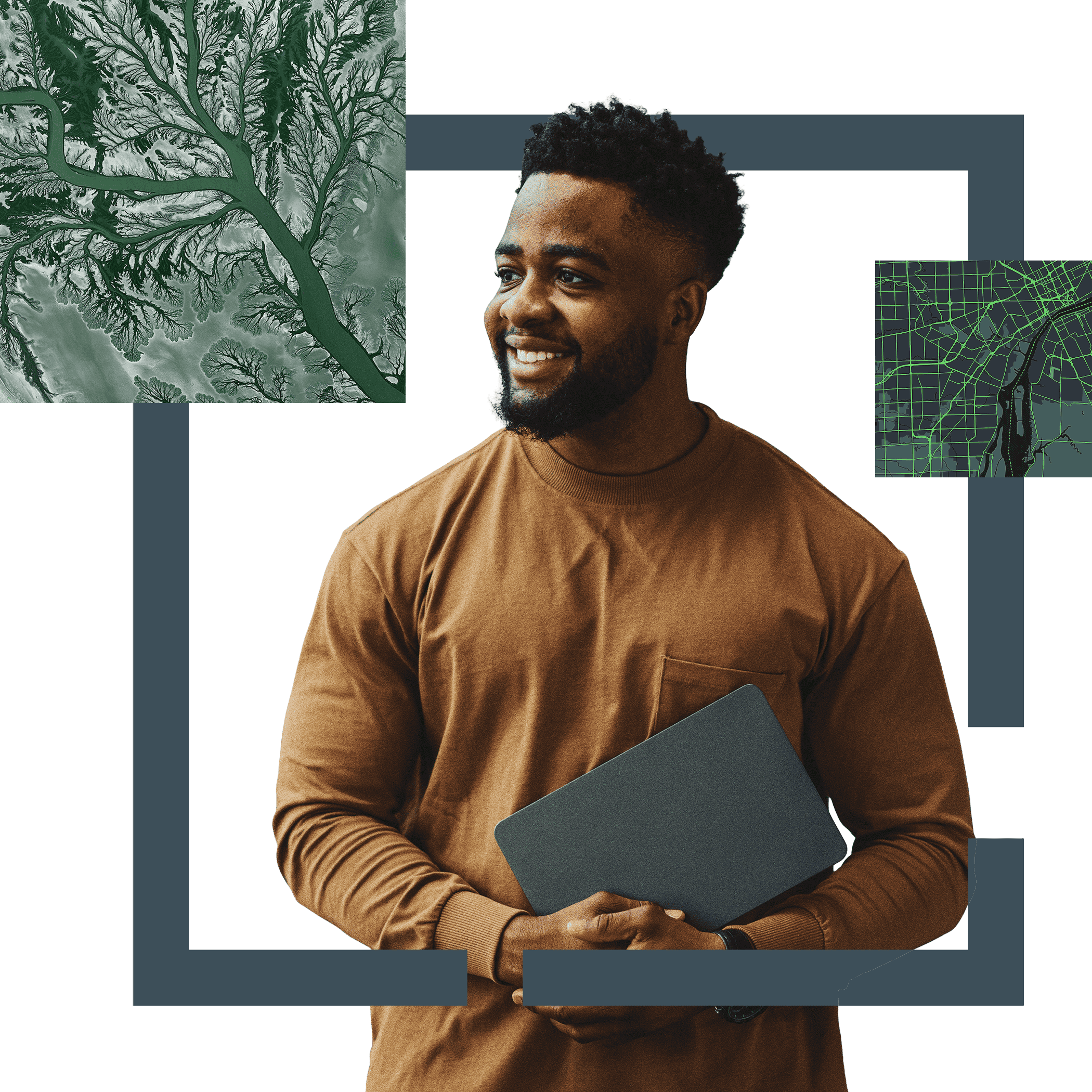 Person with a tablet overlaid with satellite and street‑level maps, illustrating geospatial strategy and spatial insight