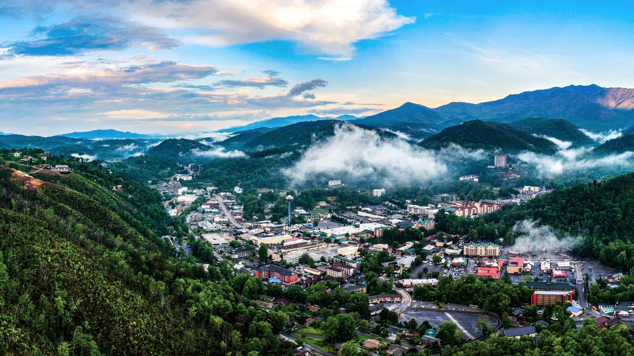 An aerial view of a Tennessee town represents how its government staff are empowered with GIS capabilities