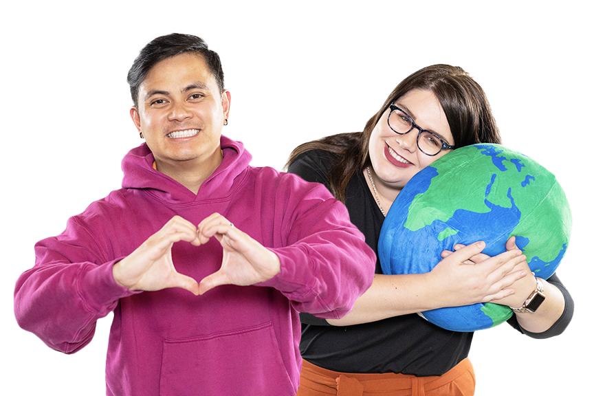 One person in a sweatshirt holding up their hands in a heart shape and another person snuggling a plushy Earth.