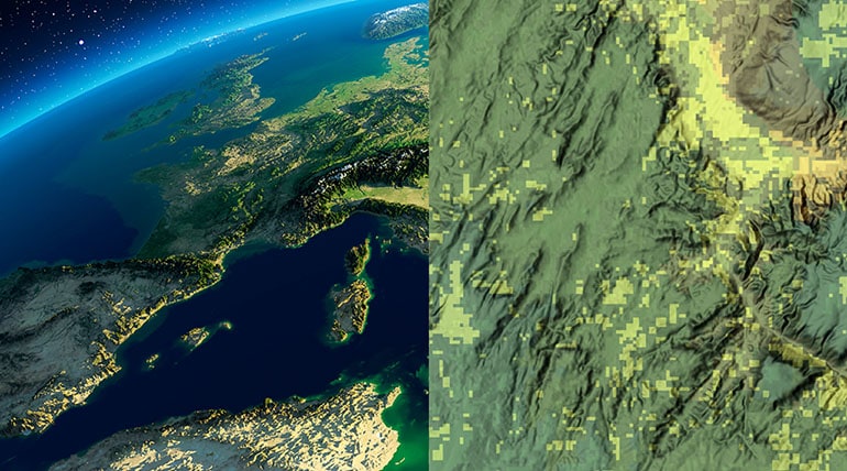 Split screen of the Earth and up close imagery of the Earth