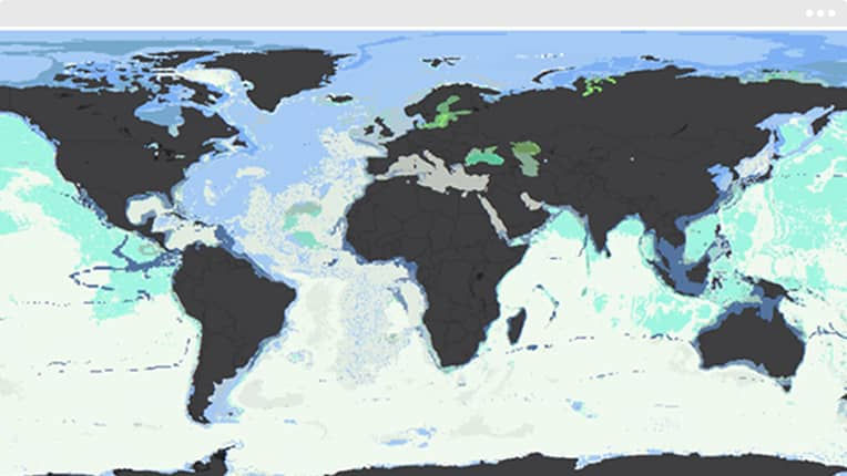 A detailed world map showcasing continents and oceans with distinct color-coded zones. 