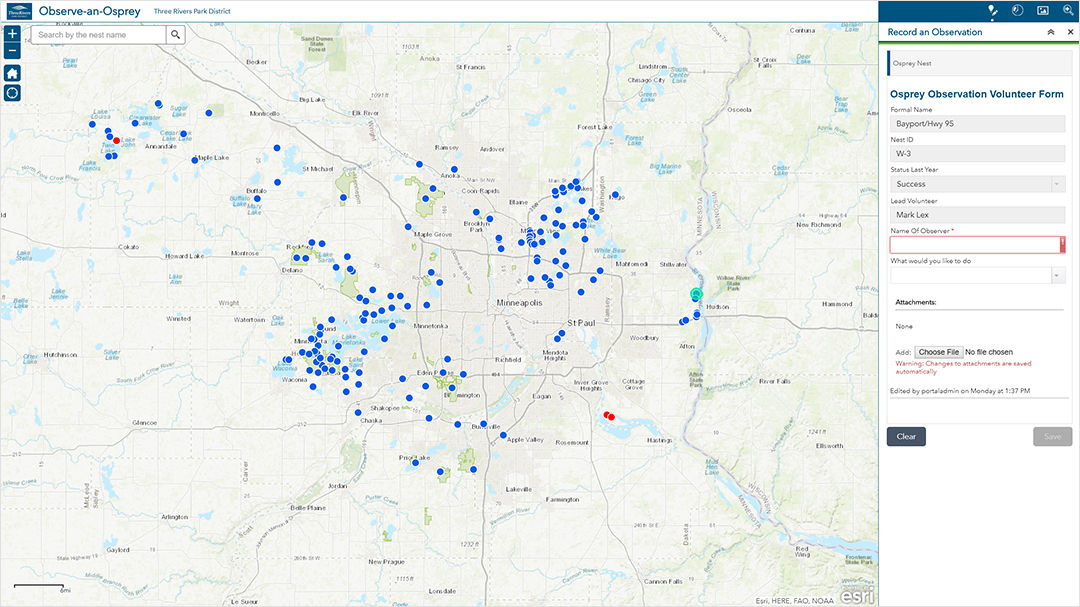 A map showing osprey locations in Three Rivers Park.