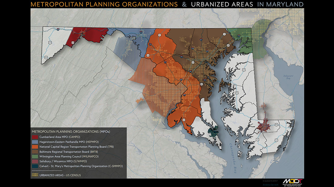 A detailed map showcasing metropolitan planning organizations (MPOs) and urbanized areas in Maryland.