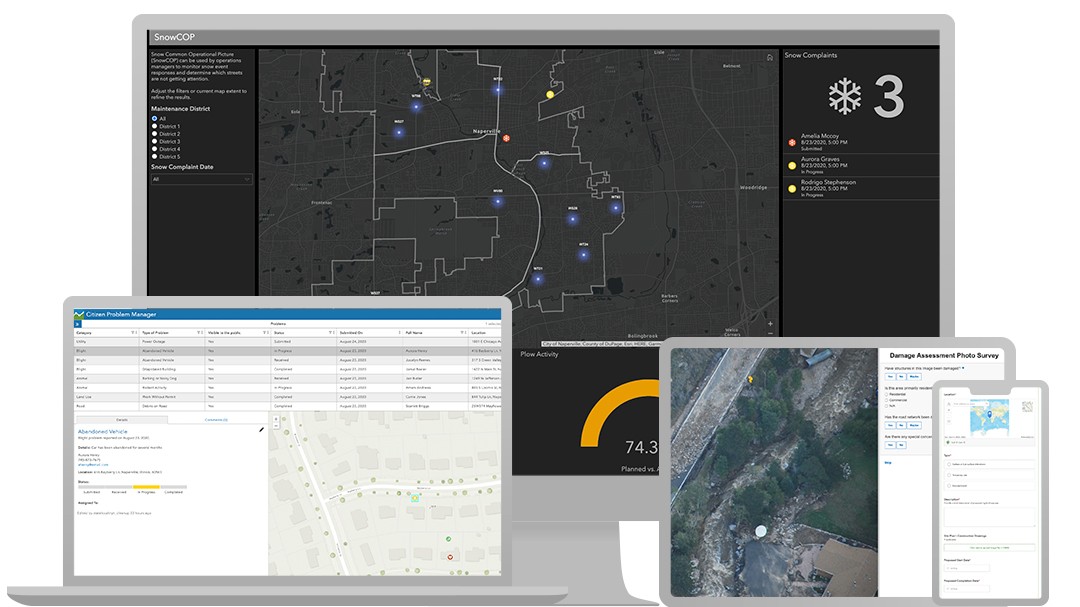 A desktop shows a snow operations dashboard with a few complaints, a laptop displays a citizen problem manager map and table for public works services, a cell phone shows a forum for right-of-way permits, and a tablet shows the tools used to perform damage assessments.