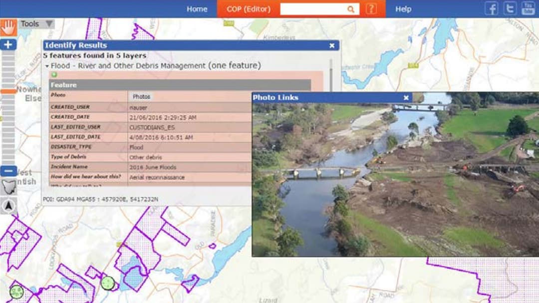 A digital interface displaying flood debris management data alongside a photo of a river landscape. 