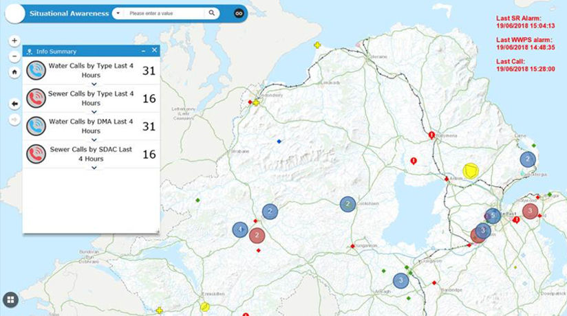 A digital map displaying situational awareness data related to water and sewer calls. 