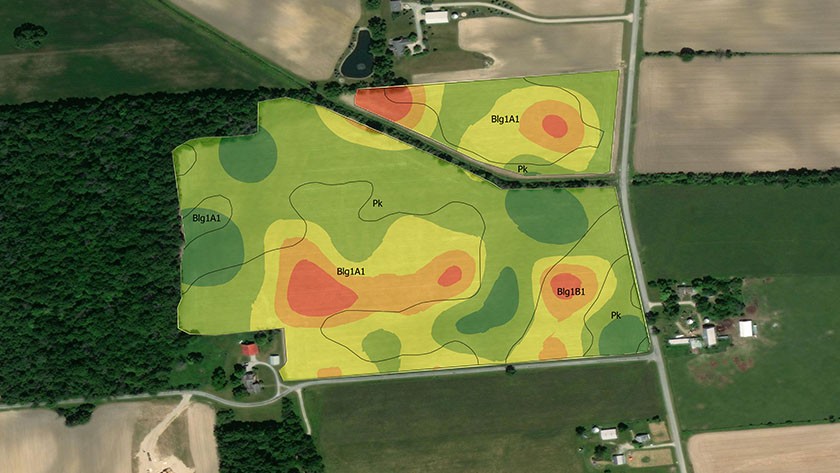 Aerial map of a farm overlaid with data on crop health
