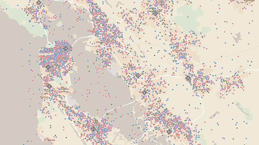 Map of San Francisco with red, blue and green dots