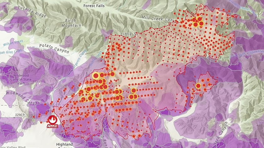Fire map showing the probable areas of fire spread for a California fire