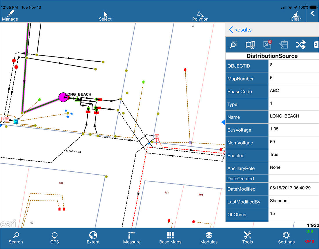 A digital interface displaying an electrical grid map with detailed data overlays.