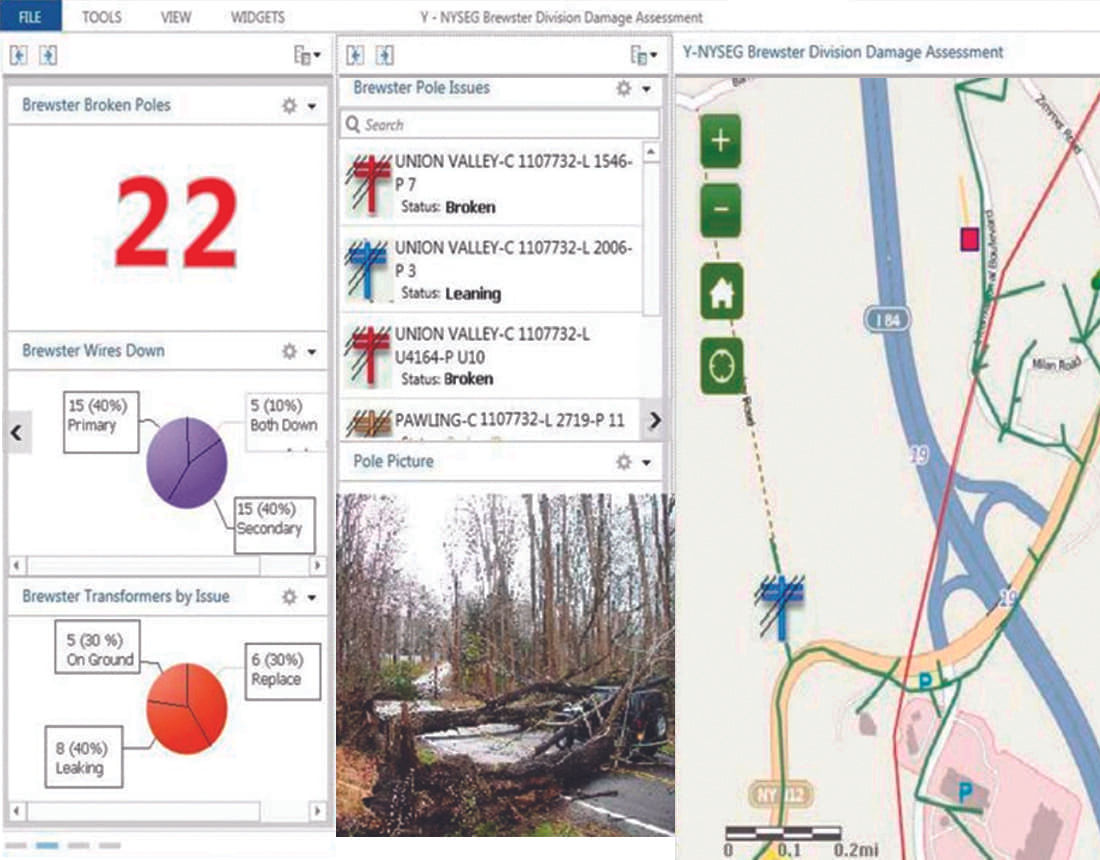 A digital dashboard displaying utility damage assessment data, including broken poles, wires down, and transformer issues. 