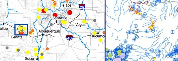 A detailed map showcasing geographic locations in New Mexico, including cities like Santa Fe, Albuquerque, and Grants.