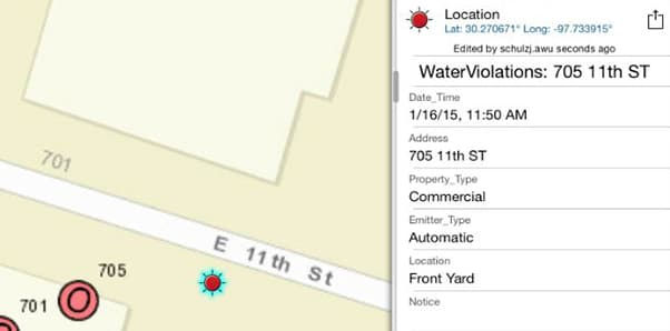 A digital map highlights a water violation at 705 11th St, marked with a red icon. 