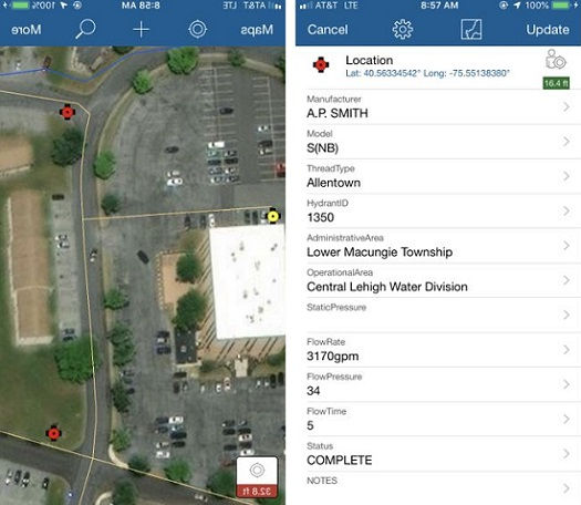 A mobile application interface displaying hydrant data alongside a satellite map view.