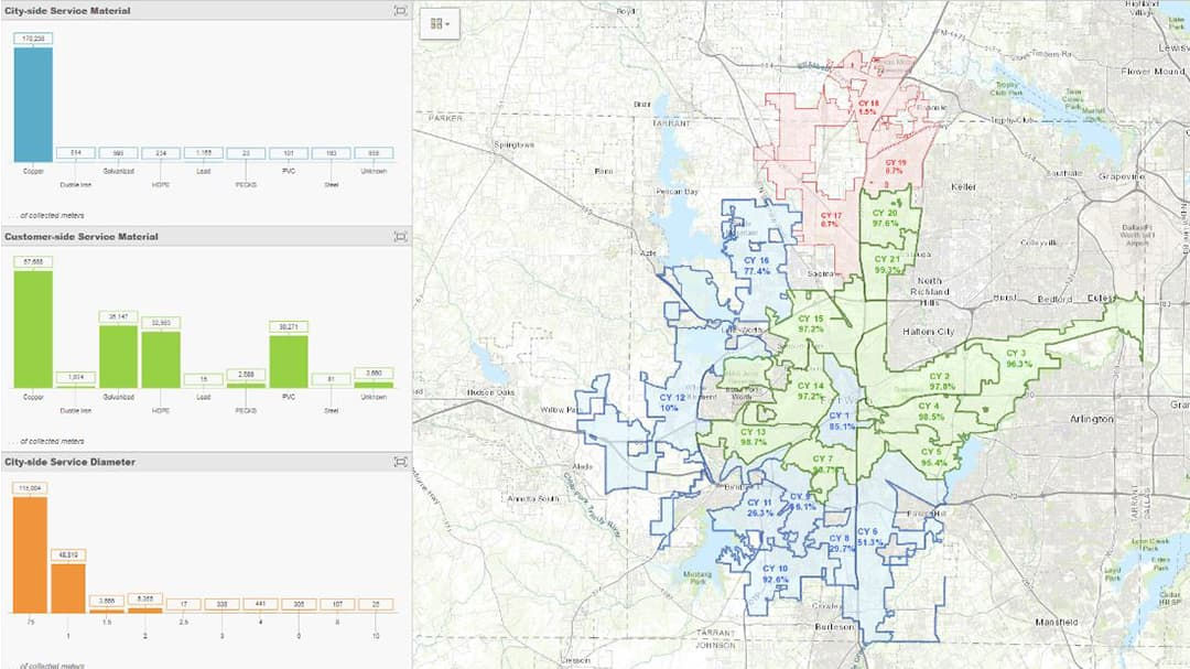 A detailed city map overlaid with service zones and data visualizations. 