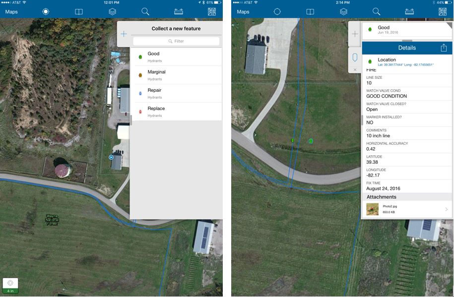 Split-screen view showing an aerial map interface with data input and details.