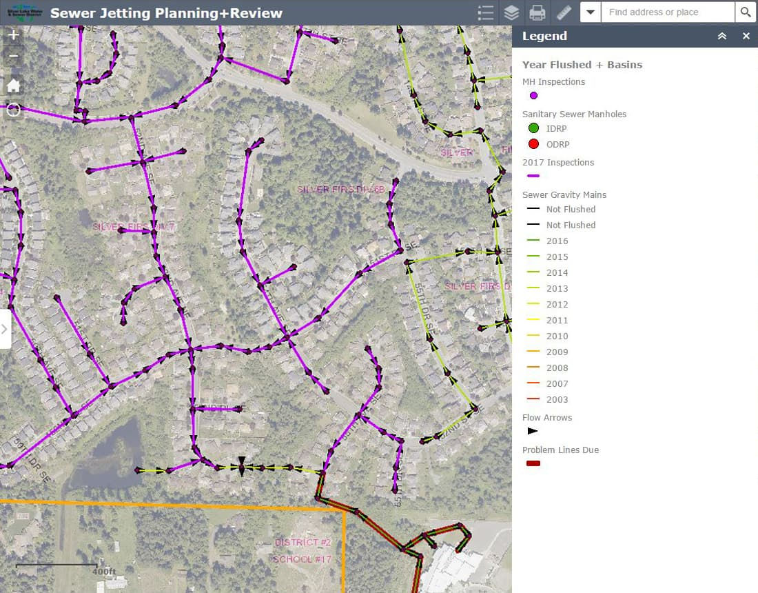 A detailed map showcasing sewer jetting planning and review data.