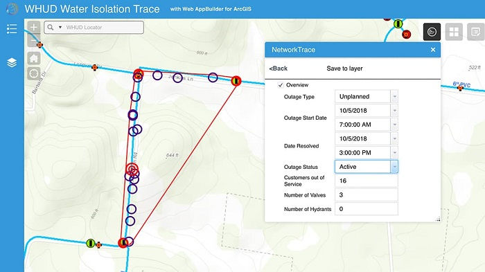A digital interface displaying a water isolation trace map with highlighted network paths and nodes. 