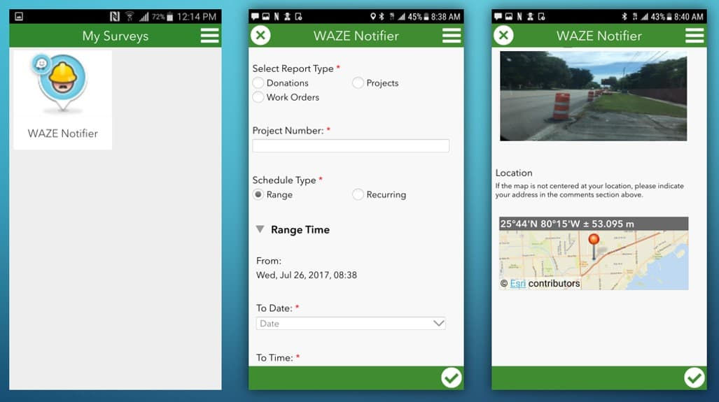 Three screenshots display the WAZE Notifier app interface on a mobile device.