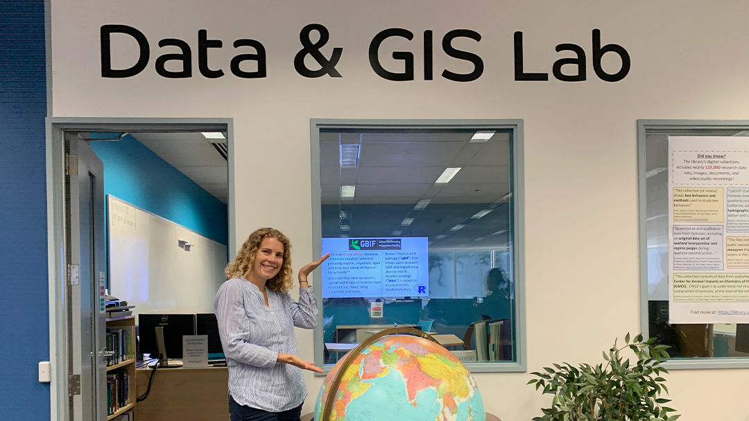 A modern Data & GIS Lab featuring a large globe as the centerpiece. 