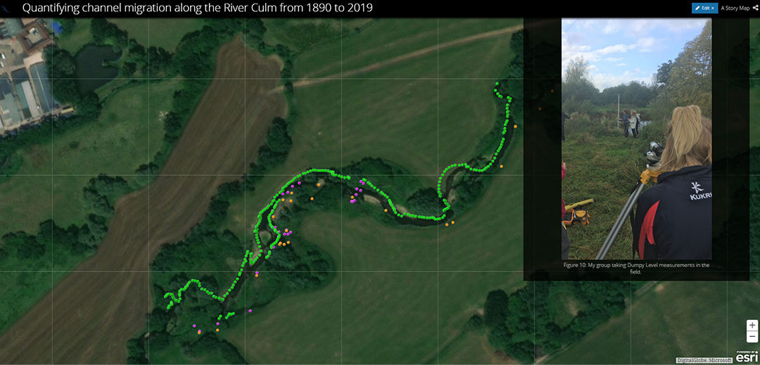 A detailed map showcasing the channel migration of the River Culm from 1890 to 2019.