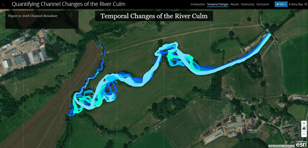 A detailed map visualizing the temporal changes in the channel of the River Culm.