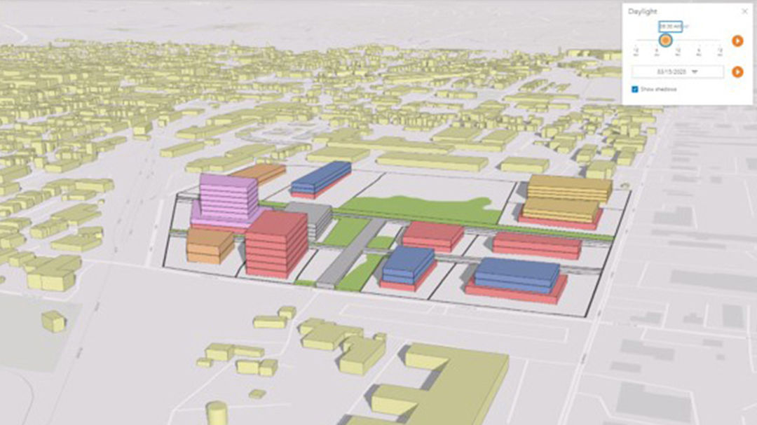 A 3D visualization of an urban planning project featuring colorful building models and surrounding infrastructure. 