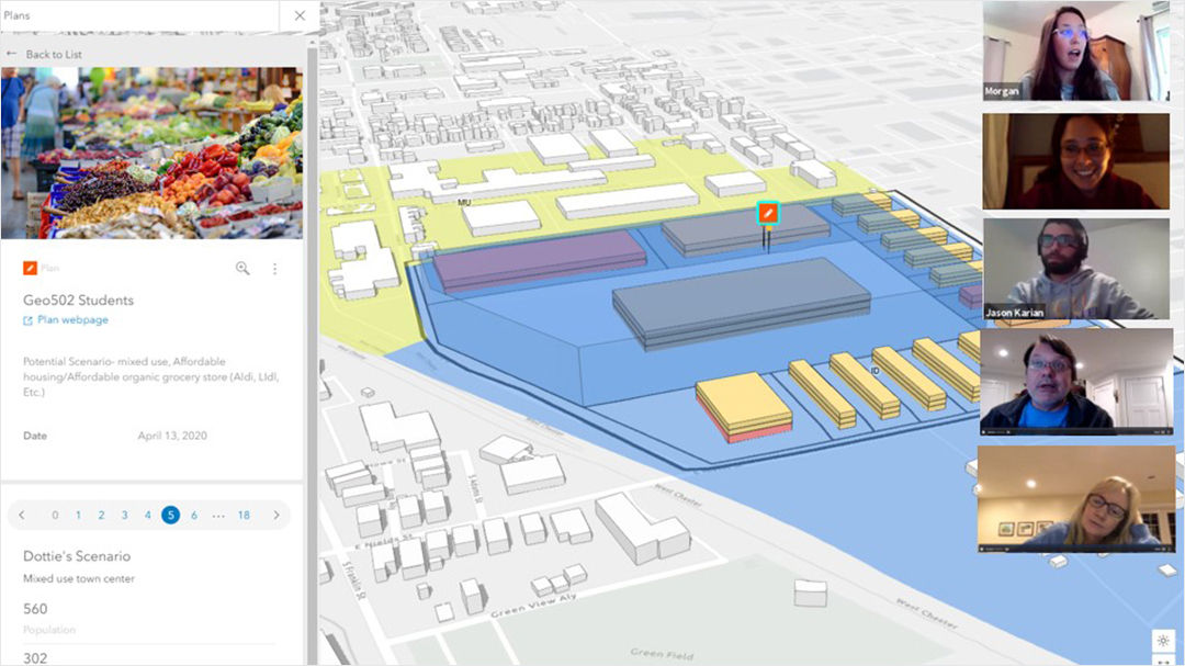 A group of individuals participates in a virtual meeting, discussing an urban planning scenario displayed on a digital map. 