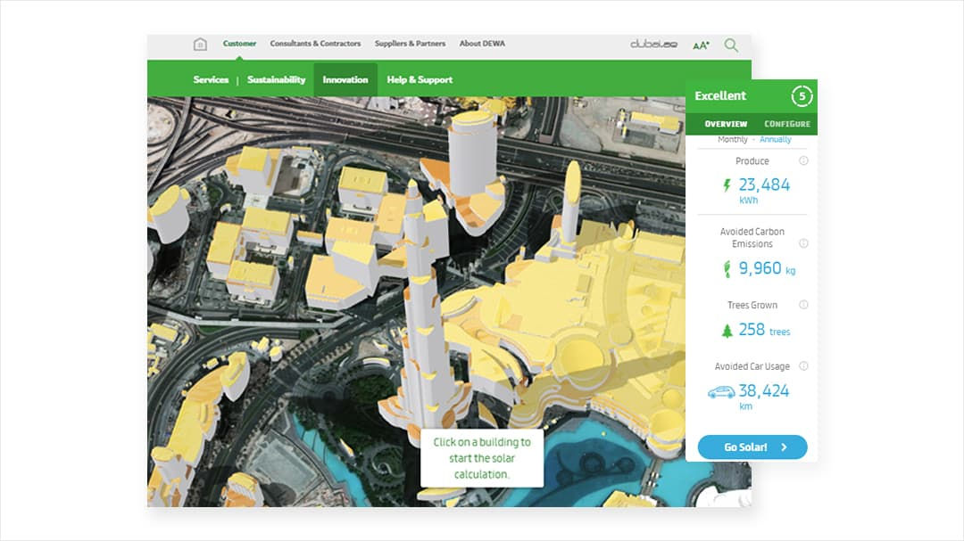 A digital interface showcasing solar calculation tools for urban buildings.