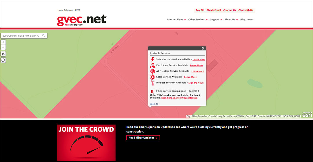 A screenshot of the GVEC.net website showing a service availability map interface. 