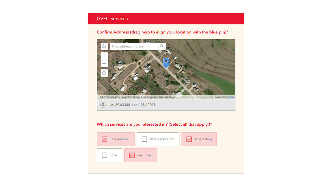 A digital interface for GVEC Services displaying a map with a blue pin to confirm address location.