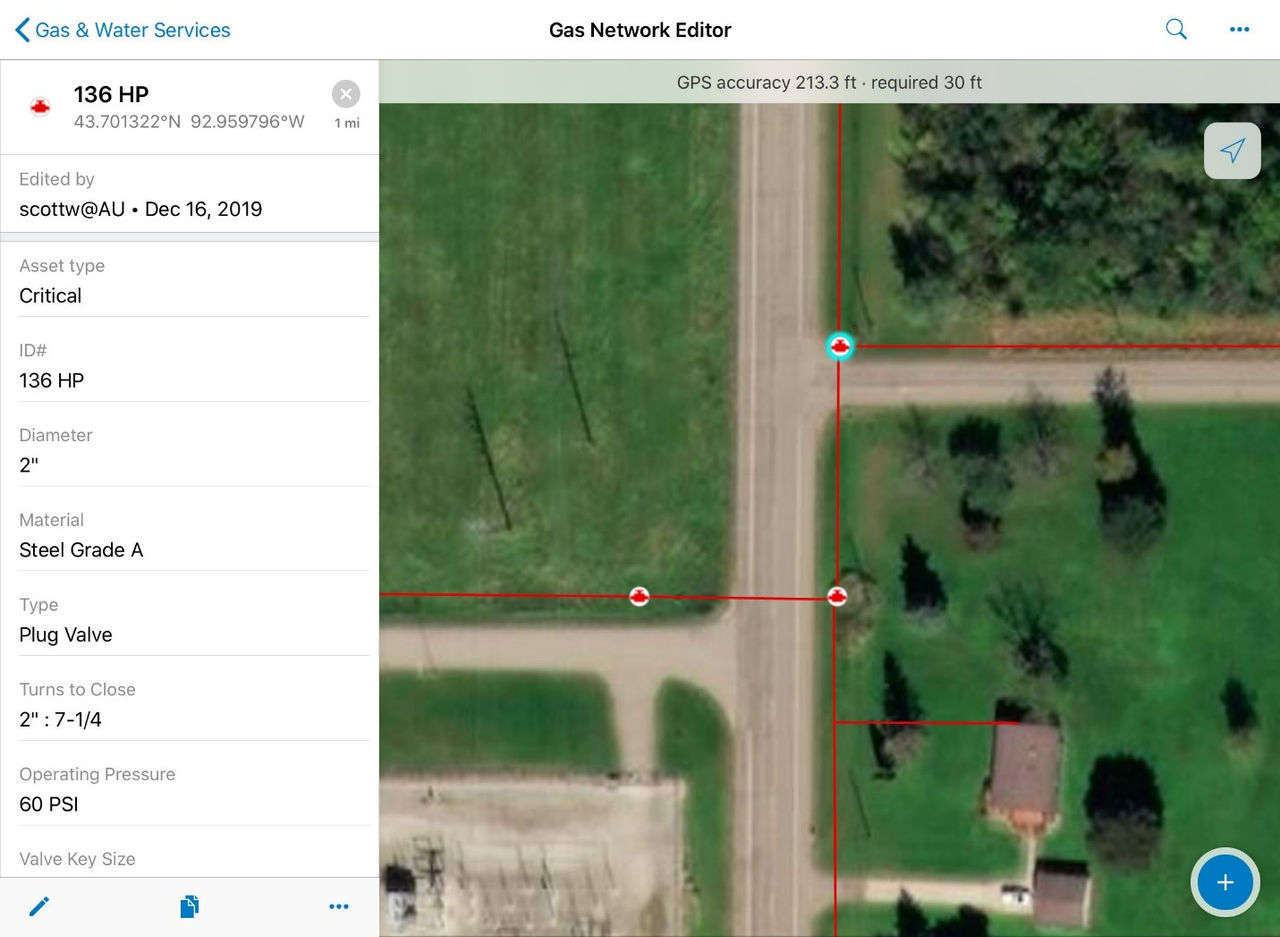 A detailed map showing a gas network layout with visible valve specifications.